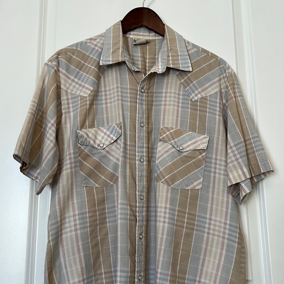 Vintage Tan Plaid Pearl Snap Western Short Sleeve Shirt Tan Men's Large - Picture 1 of 3